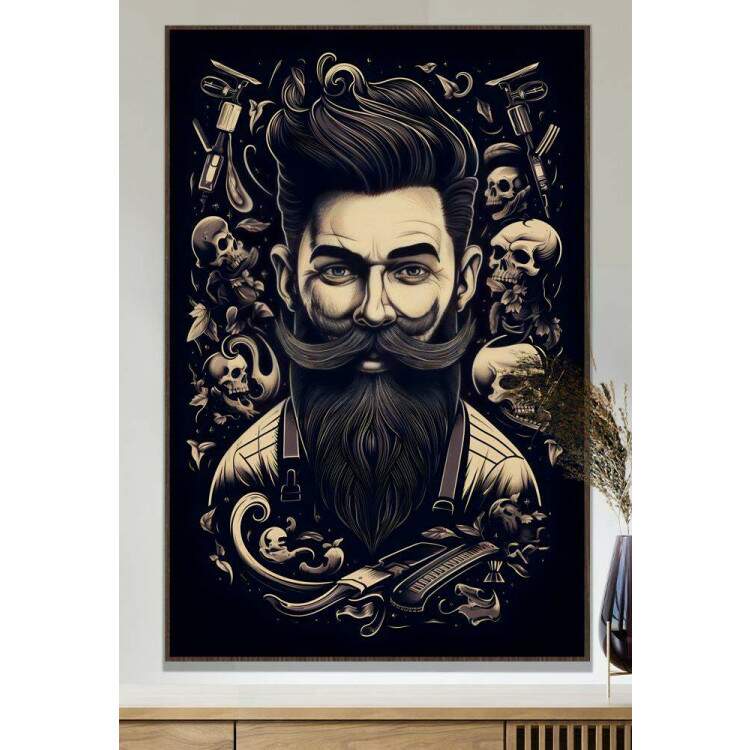 Quadro Decorativo Barbearia Homem Barbudo com Caveiras no Fundo