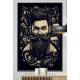 Quadro Decorativo Barbearia Homem Barbudo com Caveiras no Fundo