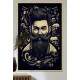 Quadro Decorativo Barbearia Homem Barbudo com Caveiras no Fundo