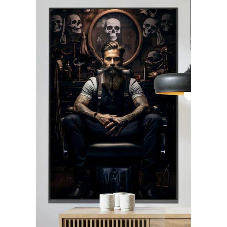 Quadro Decorativo Barbearia Homem Srio Sentado com As Mos Cruzadas