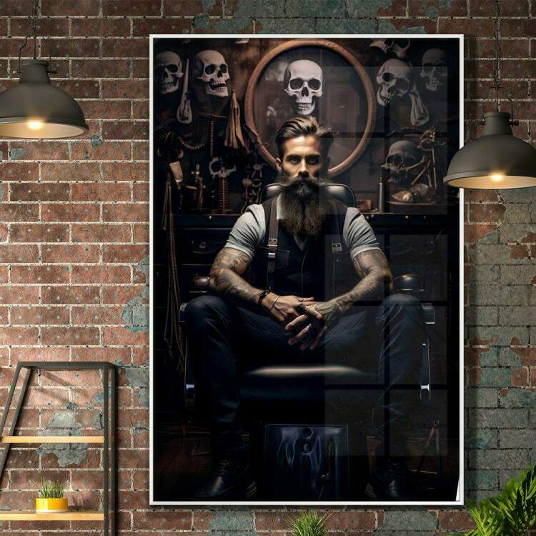 Quadro Decorativo Barbearia Homem Srio Sentado com As Mos Cruzadas