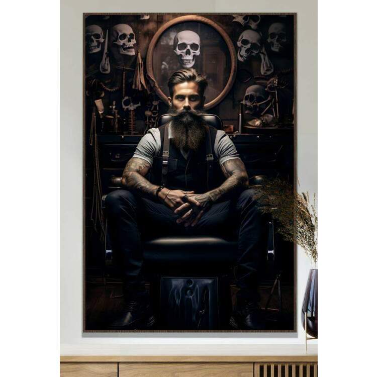 Quadro Decorativo Barbearia Homem Srio Sentado com As Mos Cruzadas