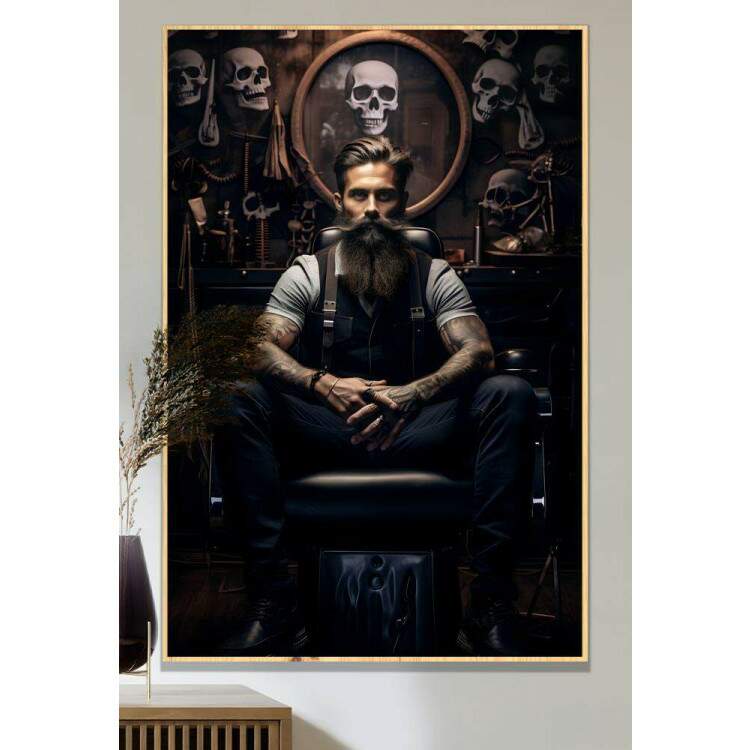 Quadro Decorativo Barbearia Homem Srio Sentado com As Mos Cruzadas