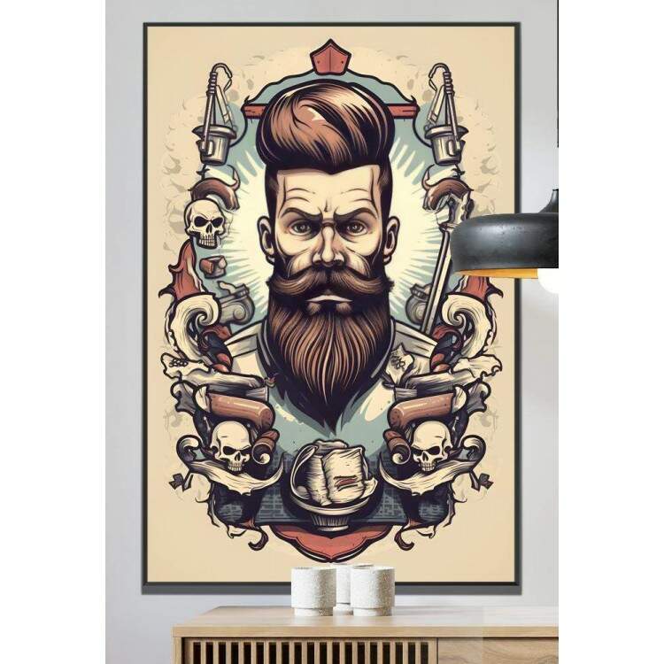 Quadro Decorativo Barbearia Homem com Belo Cabelo e com Caveiras em Fundo Azul e Bege