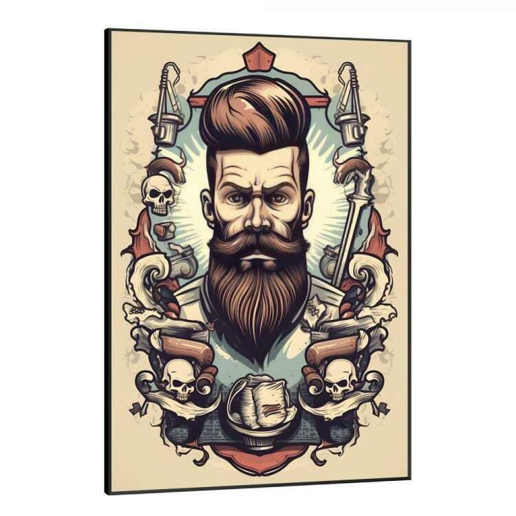 Quadro Decorativo Barbearia Homem com Belo Cabelo e com Caveiras em Fundo Azul e Bege