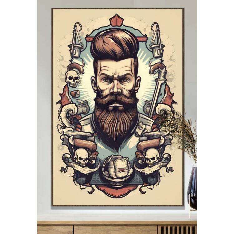 Quadro Decorativo Barbearia Homem com Belo Cabelo e com Caveiras em Fundo Azul e Bege