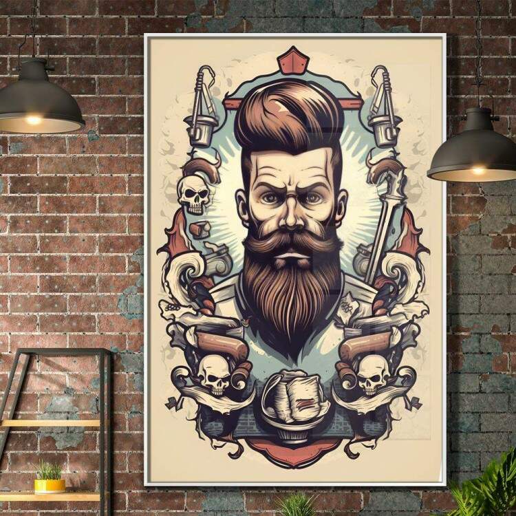 Quadro Decorativo Barbearia Homem com Belo Cabelo e com Caveiras em Fundo Azul e Bege