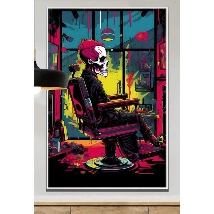 Quadro Decorativo Barbearia Estilo Pop Art Caveira Sentada em Cadeira