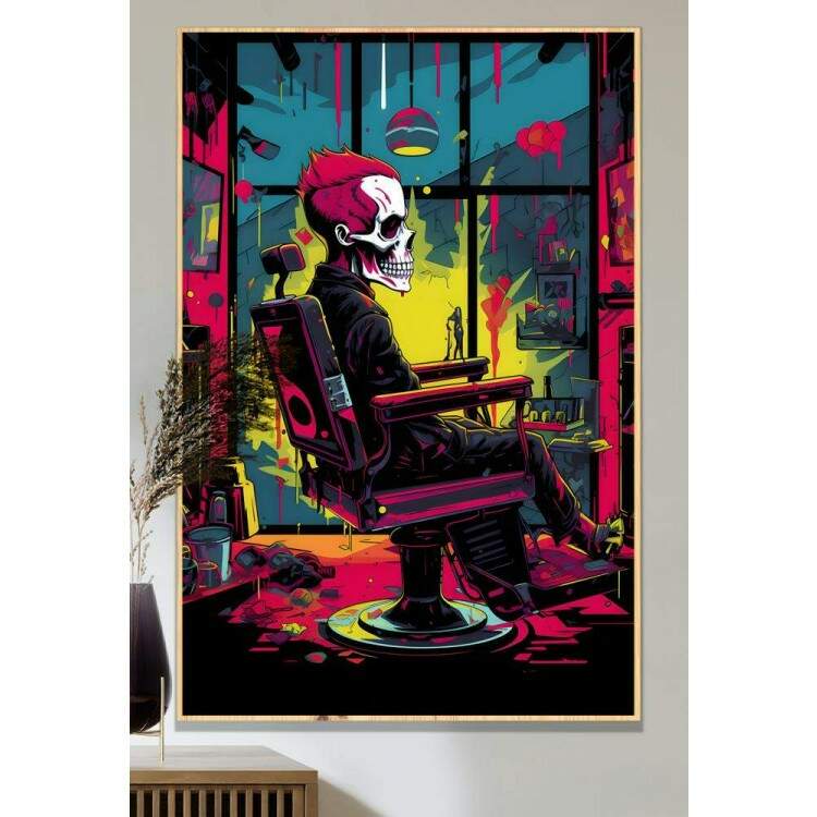 Quadro Decorativo Barbearia Estilo Pop Art Caveira Sentada em Cadeira