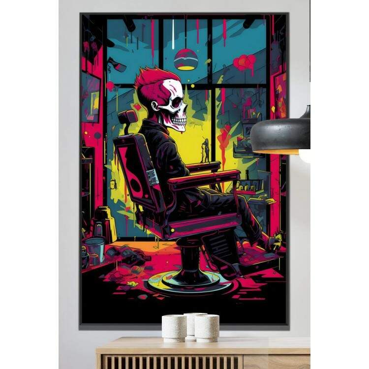 Quadro Decorativo Barbearia Estilo Pop Art Caveira Sentada em Cadeira