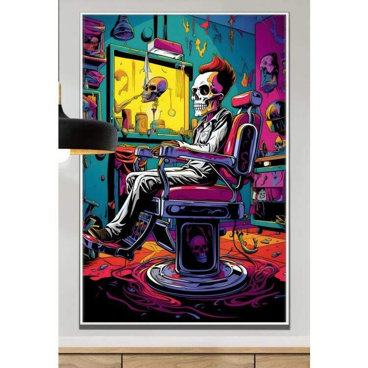 Quadro Decorativo Barbearia Estilo Pop Art Caveira Sentada em Cadeira