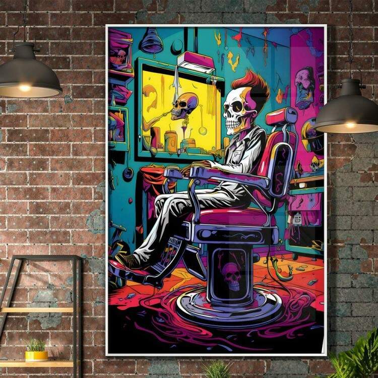 Quadro Decorativo Barbearia Estilo Pop Art Caveira Sentada em Cadeira