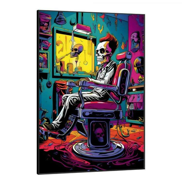 Quadro Decorativo Barbearia Estilo Pop Art Caveira Sentada em Cadeira