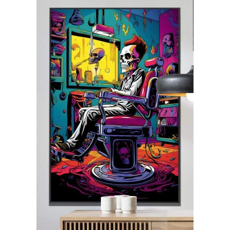 Quadro Decorativo Barbearia Estilo Pop Art Caveira Sentada em Cadeira