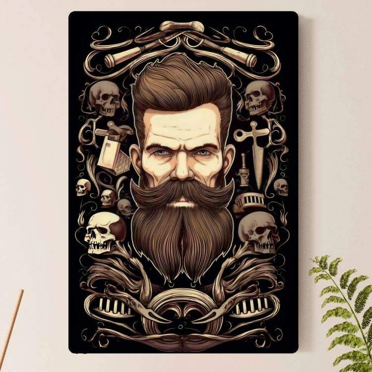 Placa Decorativa Barbearia Homem Barbudo com Um Belo Cabelo com o Fundo de Caveiras