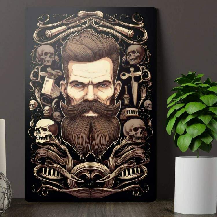 Placa Decorativa Barbearia Homem Barbudo com Um Belo Cabelo com o Fundo de Caveiras