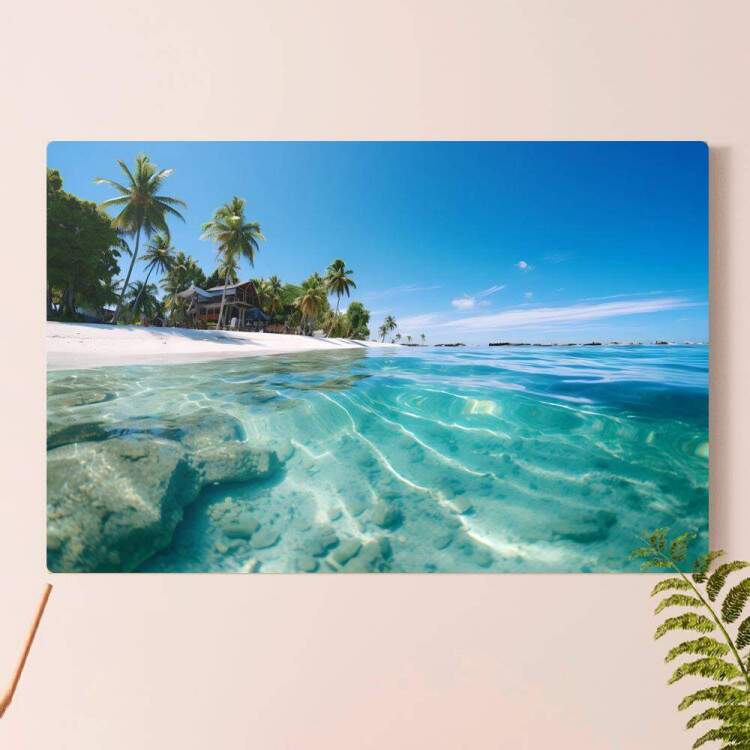 Placa Decorativa Paisagem De Praia com Cu Azul e Pedras