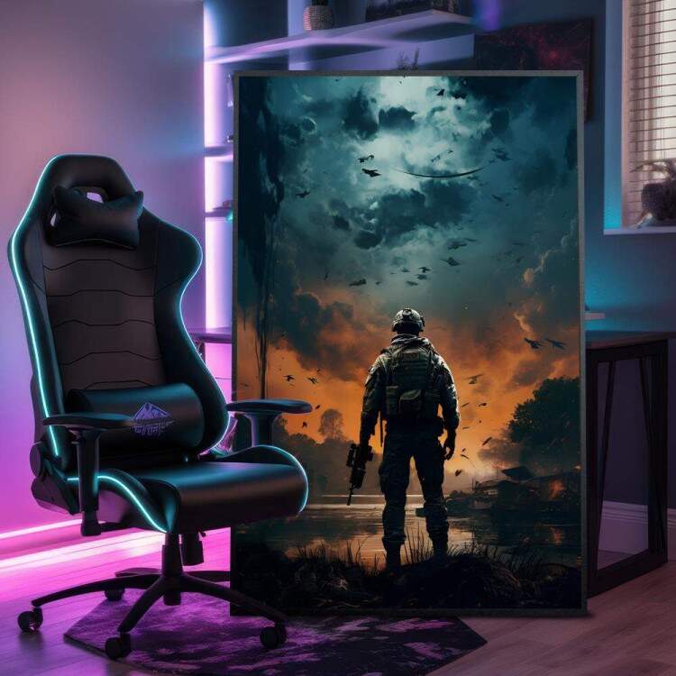 Quadro Decorativo Inspirado em Jogo Call of Duty Soldado em Frente Rio