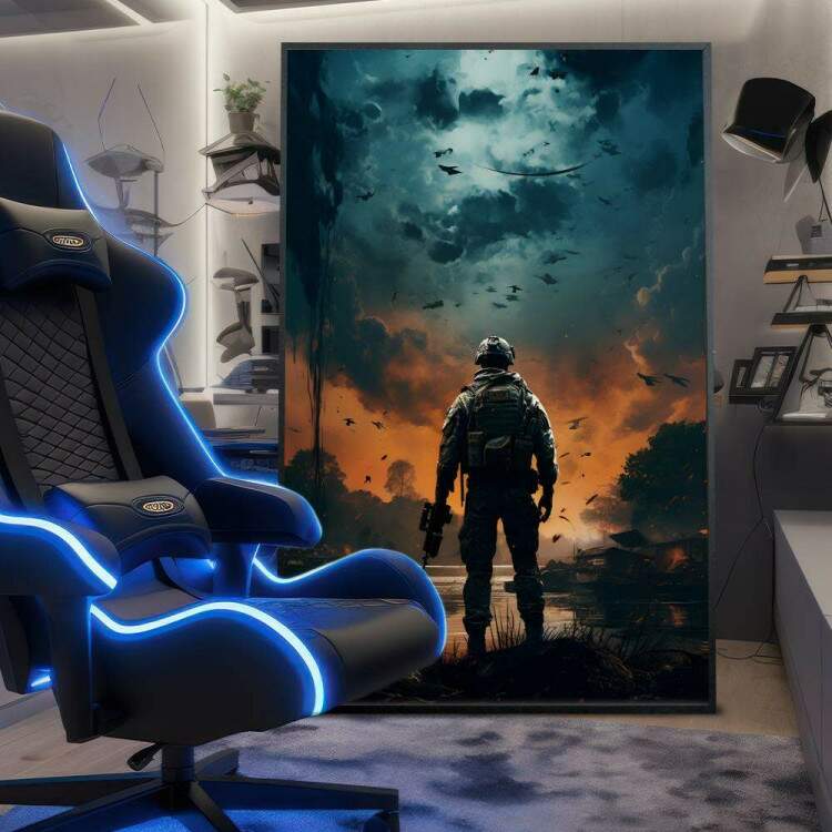 Quadro Decorativo Inspirado em Jogo Call of Duty Soldado em Frente Rio