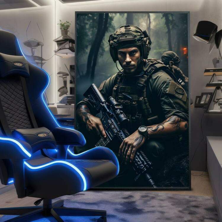 Quadro Decorativo Inspirado em Jogo Call of Duty Soldado Armado e Todo Tatuado