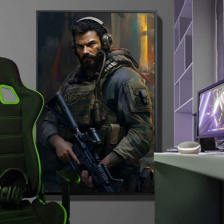 Quadro Decorativo Inspirado em Jogo Call of Duty Soldado com Colete e Equipado