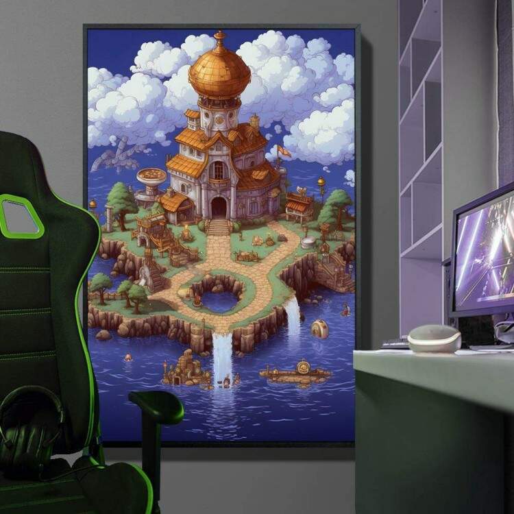 Quadro Decorativo Inspirado em Jogo Chrono Trigger Fundo Violeta Repleto de Nuvens