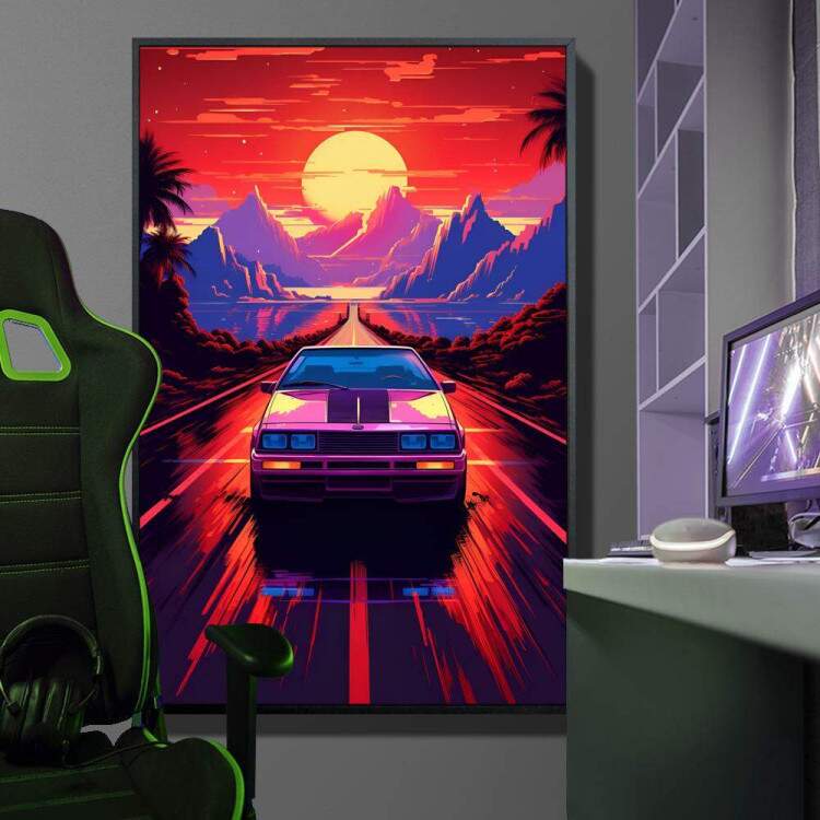 Quadro Decorativo Jogo de Corrida com um Belo Pr-do-Sol no Fundo Atrs de Montanhas