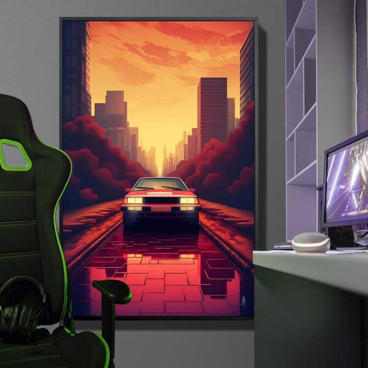 Quadro Decorativo Carro de Corrida ao Pr-do-Sol com Farol Refletindo