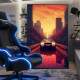 Quadro Decorativo Carro de Corrida ao P�r-do-Sol com Farol Refletindo