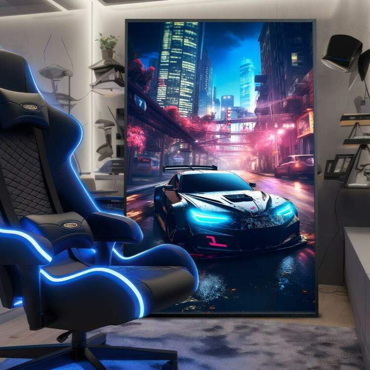Quadro Decorativo Jogo de Corrida Carro Turbo de Corrida em Cidade Iluminada Por Luzes