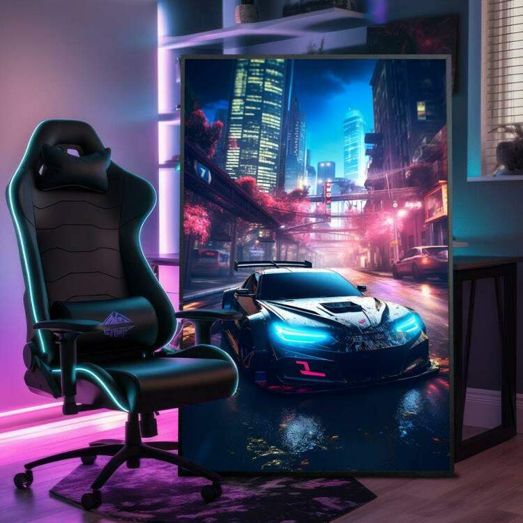 Quadro Decorativo Jogo de Corrida Carro Turbo de Corrida em Cidade Iluminada Por Luzes
