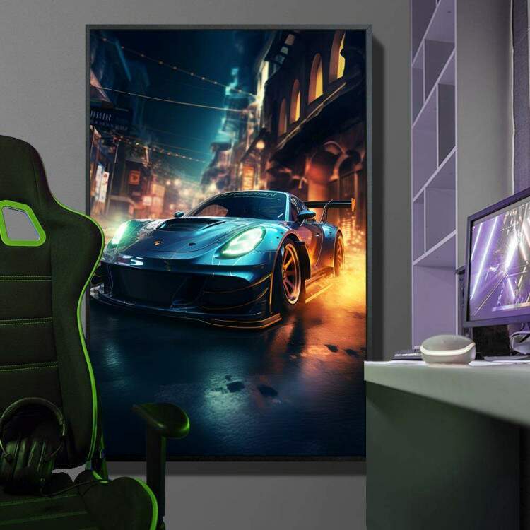 Quadro Decorativo Jogo de Corrida Carro Turbo Correndo Sobre Ruas de Cidade Iluminada