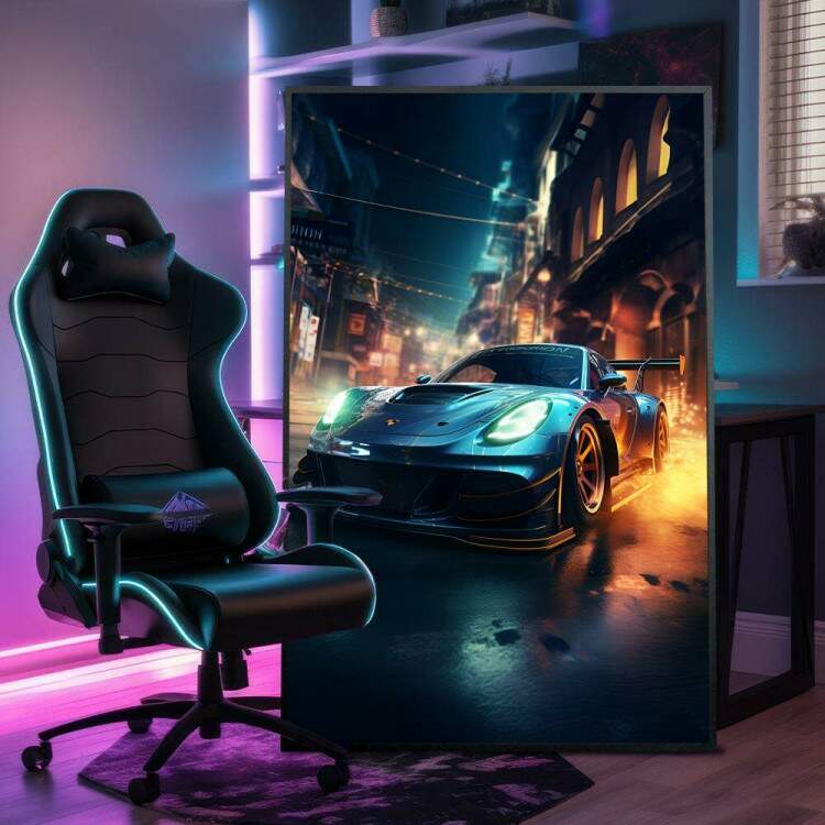 Quadro Decorativo Jogo de Corrida Carro Turbo Correndo Sobre Ruas de Cidade Iluminada