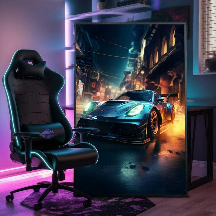 Quadro Decorativo Jogo de Corrida Carro Turbo Correndo Sobre Ruas de Cidade Iluminada