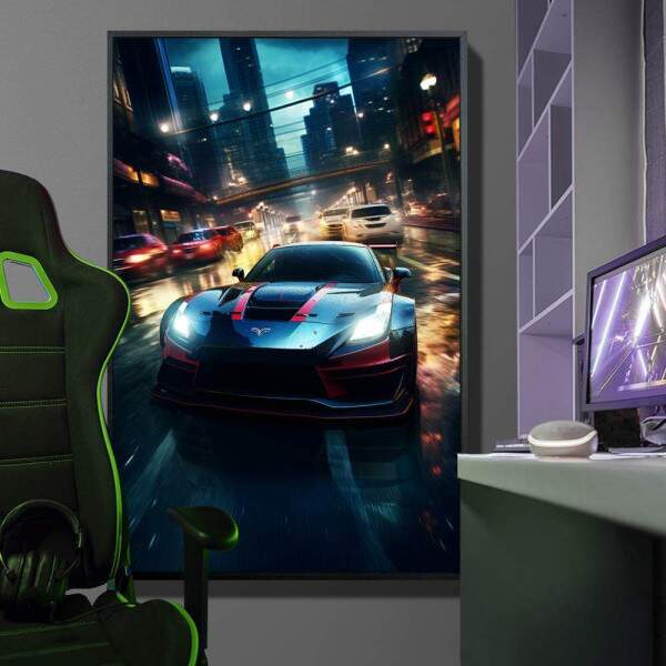 Quadro Decorativo Jogo de Corrida Carro Azul no Modo Turbo em Cidade Chuvosa e Iluminada