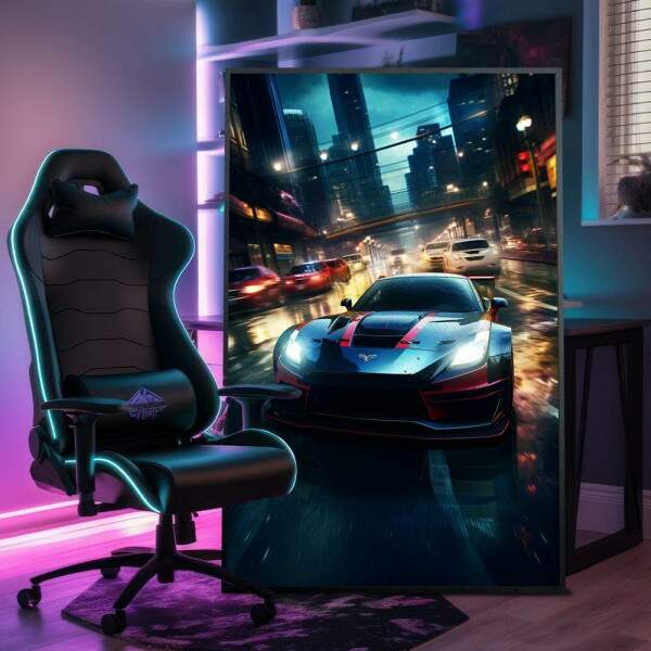 Quadro Decorativo Jogo de Corrida Carro Azul no Modo Turbo em Cidade Chuvosa e Iluminada