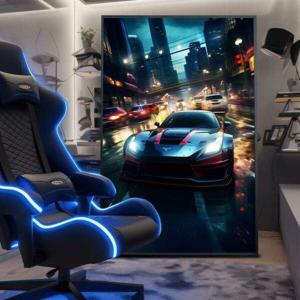 Quadro Decorativo Jogo de Corrida Carro Azul no Modo Turbo em Cidade Chuvosa e Iluminada