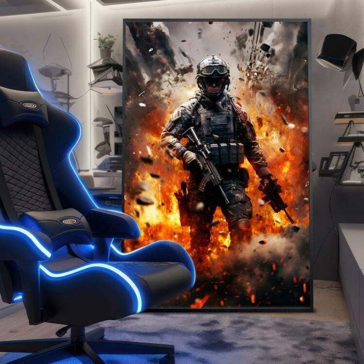 Quadro Decorativo Inspirado em Jogo Counter Strike Soldado Equipado Em Meio a Tiroteio