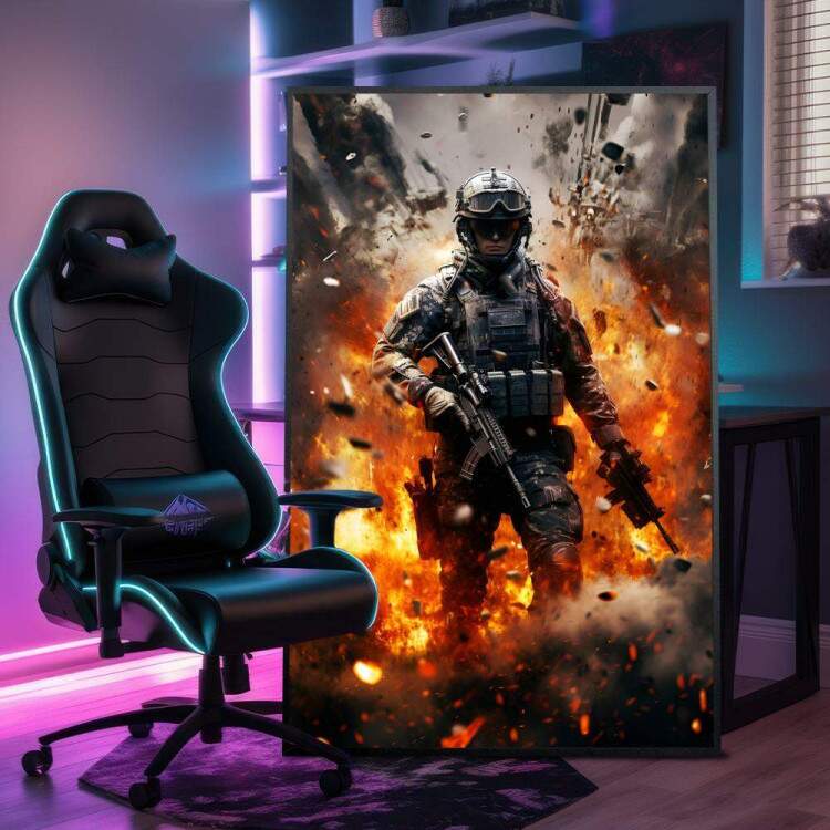 Quadro Decorativo Inspirado em Jogo Counter Strike Soldado Equipado Em Meio a Tiroteio