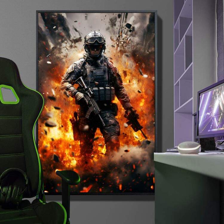 Quadro Decorativo Inspirado em Jogo Counter Strike Soldado Equipado Em Meio a Tiroteio