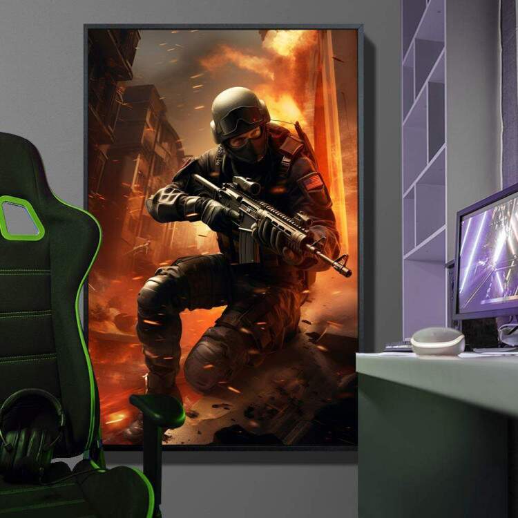 Quadro Decorativo Inspirado em Jogo Counter Strike Soldado Em Meio Uma Guerra