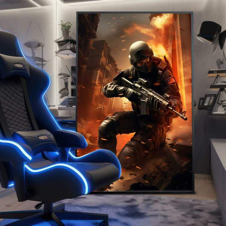 Quadro Decorativo Inspirado em Jogo Counter Strike Soldado Em Meio Uma Guerra