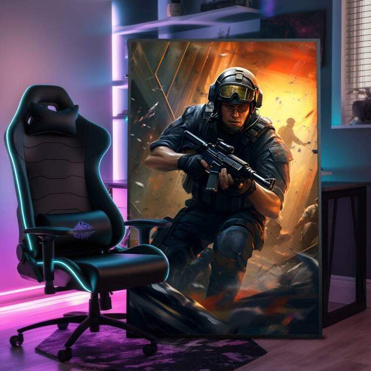 Quadro Decorativo Inspirado em Jogo Counter Strike Soldado Em Meio Uma Guerra