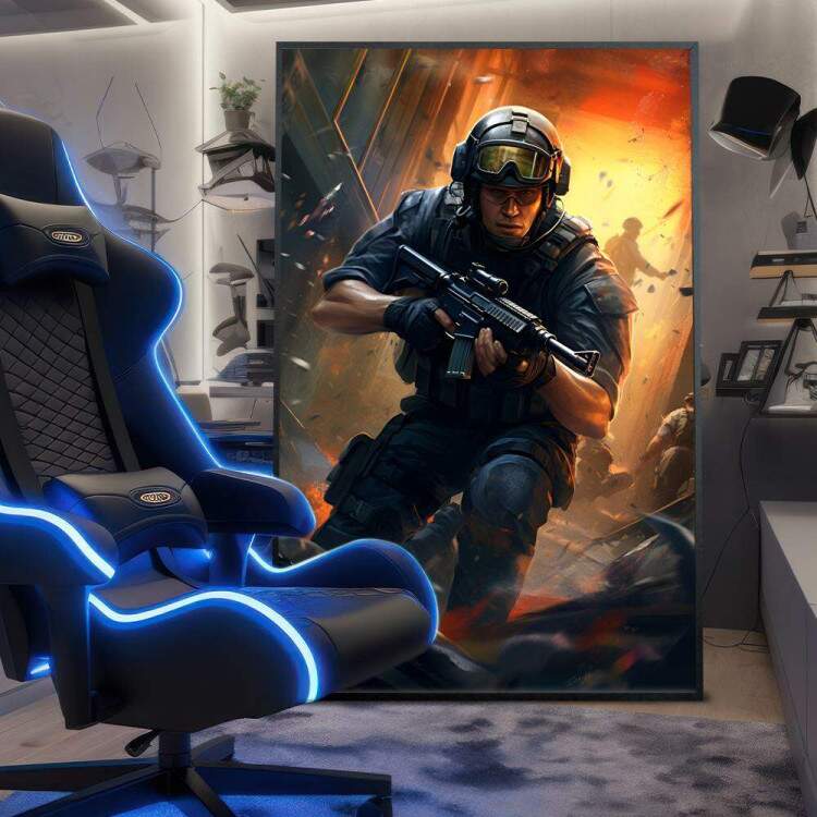 Quadro Decorativo Inspirado em Jogo Counter Strike Soldado Em Meio Uma Guerra