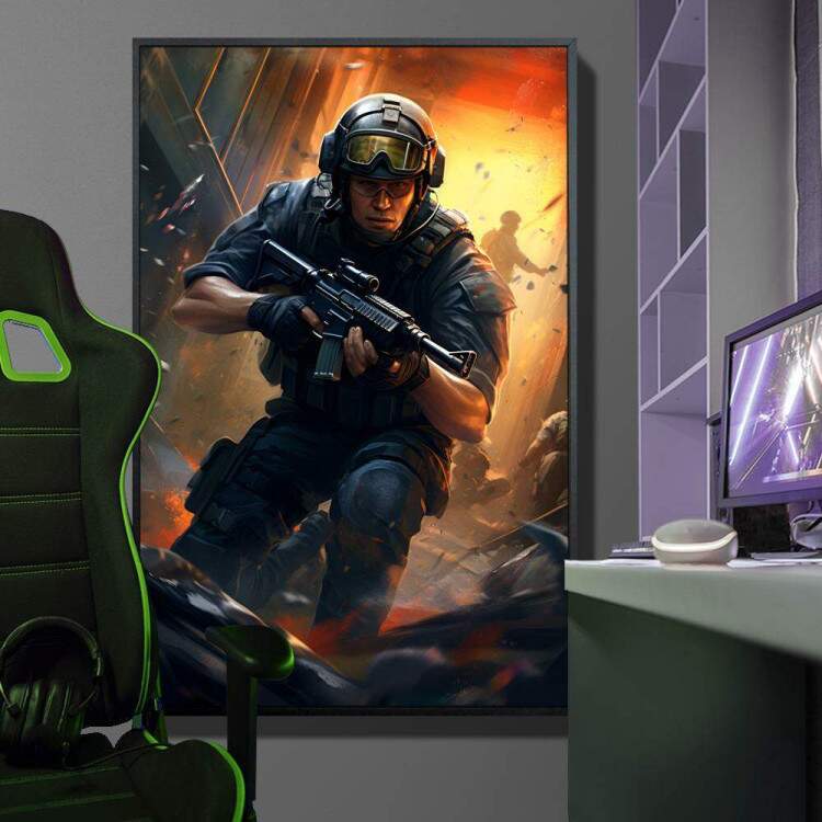 Quadro Decorativo Inspirado em Jogo Counter Strike Soldado Em Meio Uma Guerra