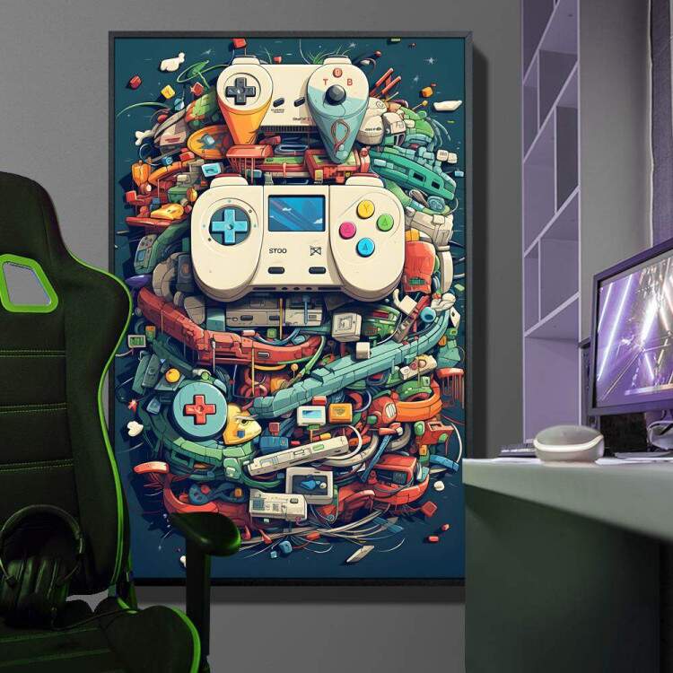 Quadro Decorativo Controles de Vdeo-Game Coloridos com Peas de Tecnologia