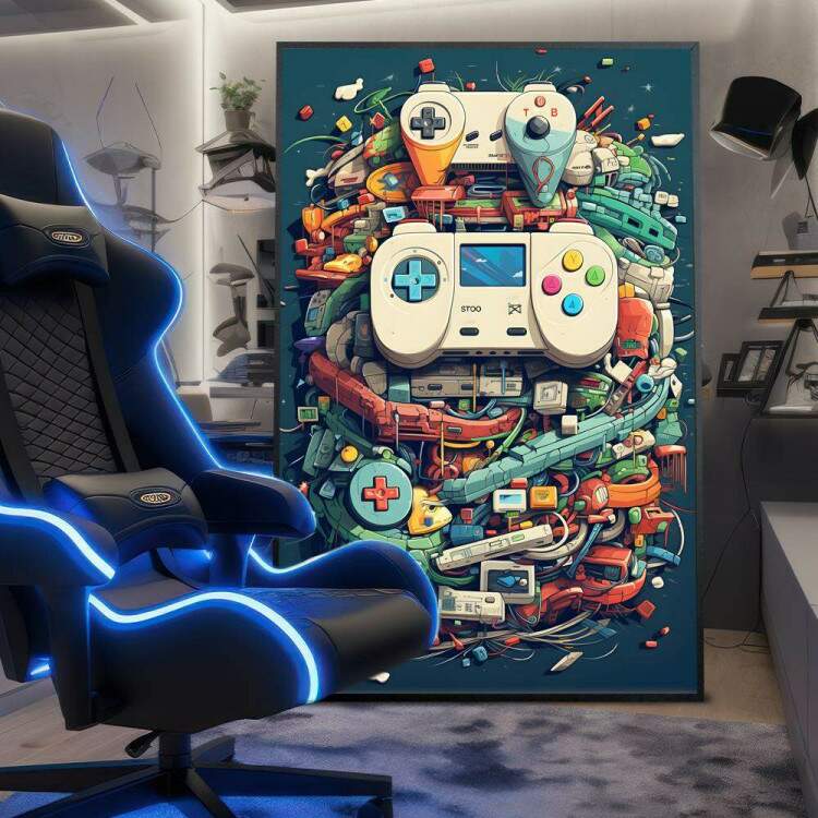 Quadro Decorativo Controles de Vdeo-Game Coloridos com Peas de Tecnologia