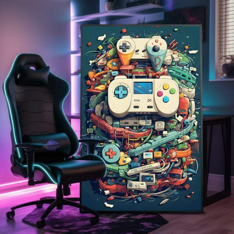 Quadro Decorativo Controles de Vdeo-Game Coloridos com Peas de Tecnologia