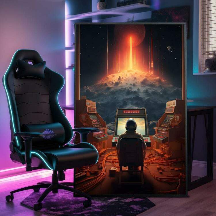 Quadro Decorativo Rapaz Jogando Vdeo-Game em Mquina em Frente Planetas