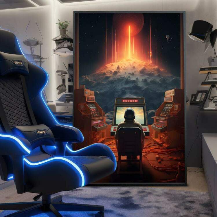 Quadro Decorativo Rapaz Jogando Vdeo-Game em Mquina em Frente Planetas